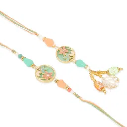 NVR Multicolor Beads Traditional Bhaiya Bhabhi Pair Rakhi Set with Roli Chawal Chandan & Mishri image 2