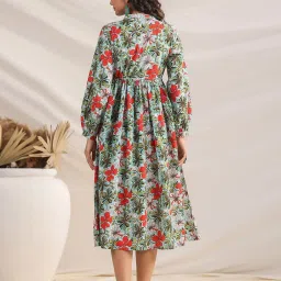 Janasya Blue Cotton Floral Print A-Line Dress image 2