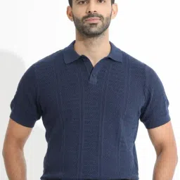 Rare Rabbit Blue Cotton Regular Fit Woven Design Polo T-Shirt-image-48