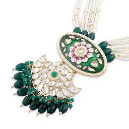 Zaveri Pearls Green Pink Meenakari Multistrand Beaded Long Kundan Necklace & Earring Set-ZPFK15649 image 4