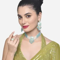 Zaveri Pearls Turquoise Blue Meenakari Beaded Kundan Choker Necklace Earring & Ring Set-ZPFK16504 image 4