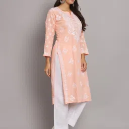 PARAMOUNT CHIKAN Peach Cotton Lucknowi Chikankari Straight Kurta image 4