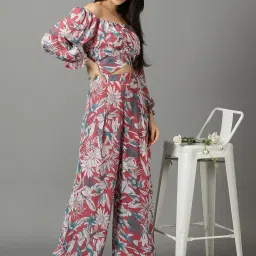 SHOWOFFFF Pink Floral Print Crop Top With Palazzos image 4