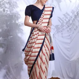 Saree Mall Beige Striped Saree With Unstitched Blouse image 4