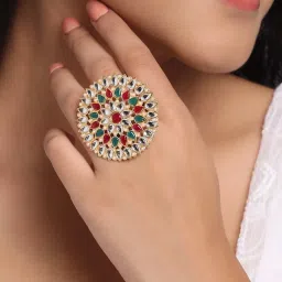 NVR Traditional Ethnic Kundan Meenakari Gold Plated Ajustable Finger Ring for Women image 2