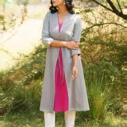 Jaypore Grey Cotton Yarn Dyed Open Front Shrug image 3