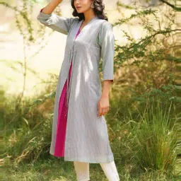 Jaypore Grey Cotton Yarn Dyed Open Front Shrug image 4