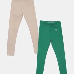 TWIN BIRDS Kids Green & Beige Cotton Regular Fit Leggings (Pack of 2)-image-29