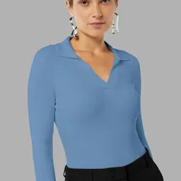 Maheshvi Women Ribbed Shirt Collar Fitted Top image 2