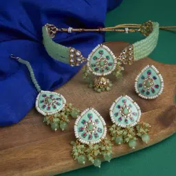 Zaveri Pearls Green Pink Meenakari Multistrand Choker Necklace Earring Maangtikka Ring Set-ZPFK13427-picture-25