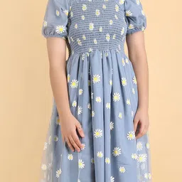 STARWORD Girls Floral Printed Puff Sleeve Net Fit & Flare Midi Dress image 4