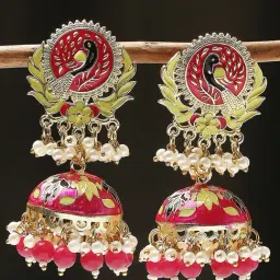 Oomph Peacock Meenakari Design Pink Jhumki Earrings-image-98