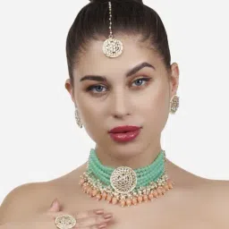 Zaveri Pearls Green Peach Multistrand Kundan Choker Necklace Earring Maangtikka & Ring Set-ZPFK13426-image-92