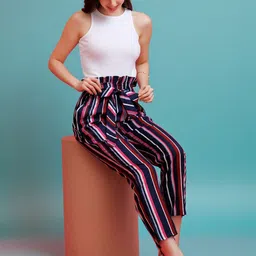 PURYS Women Striped Relaxed Straight Leg Straight Fit High-Rise Easy Wash Trousers-picture-26