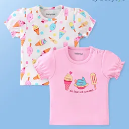 Babyoye Eco Conscious Cotton Half Sleeves T-Shirt With Ice Cream Print Pack Of 2- Pink & White-picture-22
