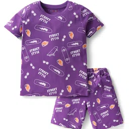kookie kids india Kookie Kids Single Jersey Knit Half Sleeves Shorts Co-ord Night Suit With Street Style Text Print - Purple-picture-26
