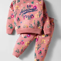 Smarty Girls Cotton Woven Full Sleeves Winter Night Suit with Text & Floral Print - Dark Peach-picture-14
