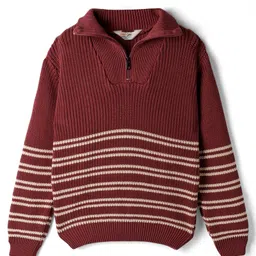 Primo Gino 100% Cotton Knit Full Sleeves High Neck Sweater with Zipper and Stripes - Burgandy-image-95