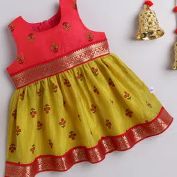 Many frocks & Chanderi Woven Sleeveless Floral Motifs Printed Gota Lace Embellished Dress - Pink & Yellow-picture-20