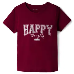 kookie kids india Kookie Kids Single Jersey Knit Half Sleeves T-Shirt with Happy Thoughts Printed Graphic - Maroon-picture-19