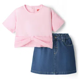Babyhug Single Jersey Knit Half Sleeves Solid Top & Denim Skirt Set - Pink & Blue-picture-12