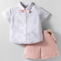 ToffyHouse Cotton Woven Half Sleeves Solid Color Shirt & Shorts Set with Bow & Suspender - Peach & Offwhite-picture-22