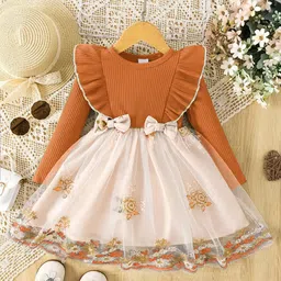 tior Woven Full Sleeves Floral Embroidered Bow Applique Detailed Dress - Orange-picture-19