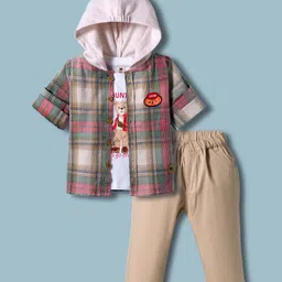 ToffyHouse Cotton Woven Full Sleeves T-Shirt & Trouser Set with Hooded Checks Shirt - Tan & White-image-67