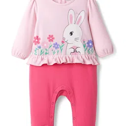 Babyhug 100% Cotton Knit Full Sleeves Romper With Bunny & Floral Print - Pink-image-117