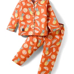 Enfance Core Full Sleeves Fruits Printed Night Suit Set - Orange image 1