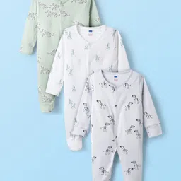 Simply Interlock Knit Full Sleeves Footed Sleepsuit With Animal Print - White Olive Green & Off White-picture-18