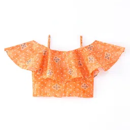 Babyhug Off Shoulder Spaghetti SleevesBandhani Printed Blouse with Lehenga and Bag Set - Sky Blue & Coral image 2