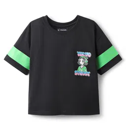 Pine Kids Cotton Knit Half Drop Shoulder Sleeves T-Shirt with Girl Front & Back Print - Black image 2