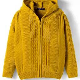 Pine Kids Knit Full Sleeves Front Open Hooded Sweater with Cable Knit Design - Mustard image 2
