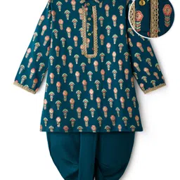 EARTHY TOUCH Single Jersey Knit Full Sleeves Kurta Dhoti Set With Floral Print - Dark Green image 2
