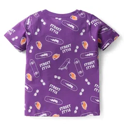 kookie kids india Kookie Kids Single Jersey Knit Half Sleeves Shorts Co-ord Night Suit With Street Style Text Print - Purple image 3