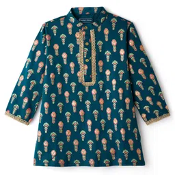 EARTHY TOUCH Single Jersey Knit Full Sleeves Kurta Dhoti Set With Floral Print - Dark Green image 3