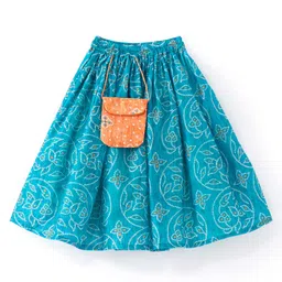 Babyhug Off Shoulder Spaghetti SleevesBandhani Printed Blouse with Lehenga and Bag Set - Sky Blue & Coral image 4