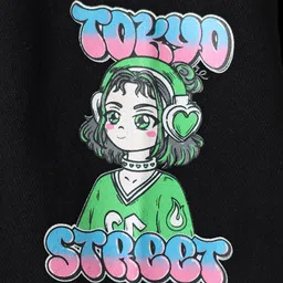 Pine Kids Cotton Knit Half Drop Shoulder Sleeves T-Shirt with Girl Front & Back Print - Black image 4