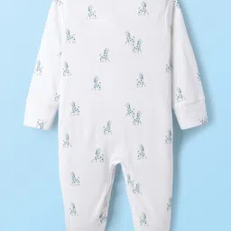 Simply Interlock Knit Full Sleeves Footed Sleepsuit With Animal Print - White Olive Green & Off White image 5