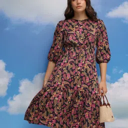 CORSICA Ethnic Motifs Printed Puff Sleeve Fit & Flare Dress-picture-10