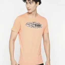 UnderJeans by Spykar Peach Regular Fit Printed T-Shirt image 4