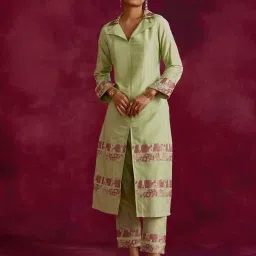 Abhishti Green Cotton Woven Pattern Straight Kurta image 4