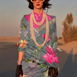 Elora Grey Floral Print Saree With Unstitched Blouse image 2