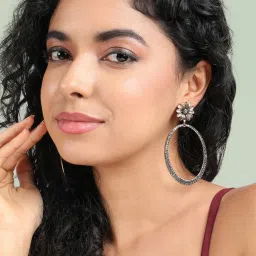 Sohi Intricate Daisy Ring Dark Silver Dangler Earrings for Women & Girls image 2