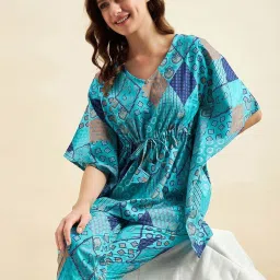 Sweet Dreams Blue Cotton Printed Kaftan Pyjama Set image 4