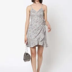 VASTRADO Grey Floral Print A-Line Wrap Dress image 4