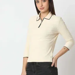 Spykar Beige Cotton Slim Fit Polo T-Shirt image 2