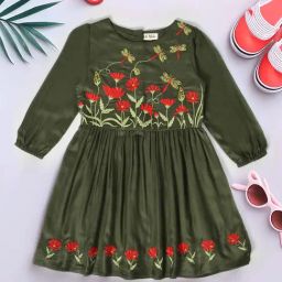 Bella Moda Girls Dark Green Cotton Three Fourth Sleeves Floral Embroidered Dress-picture-17