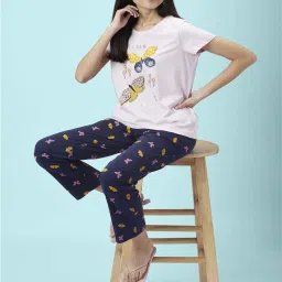 Dreamz by Pantaloons Pink & Navy Cotton Printed T-Shirt & Pyjama Set image 4